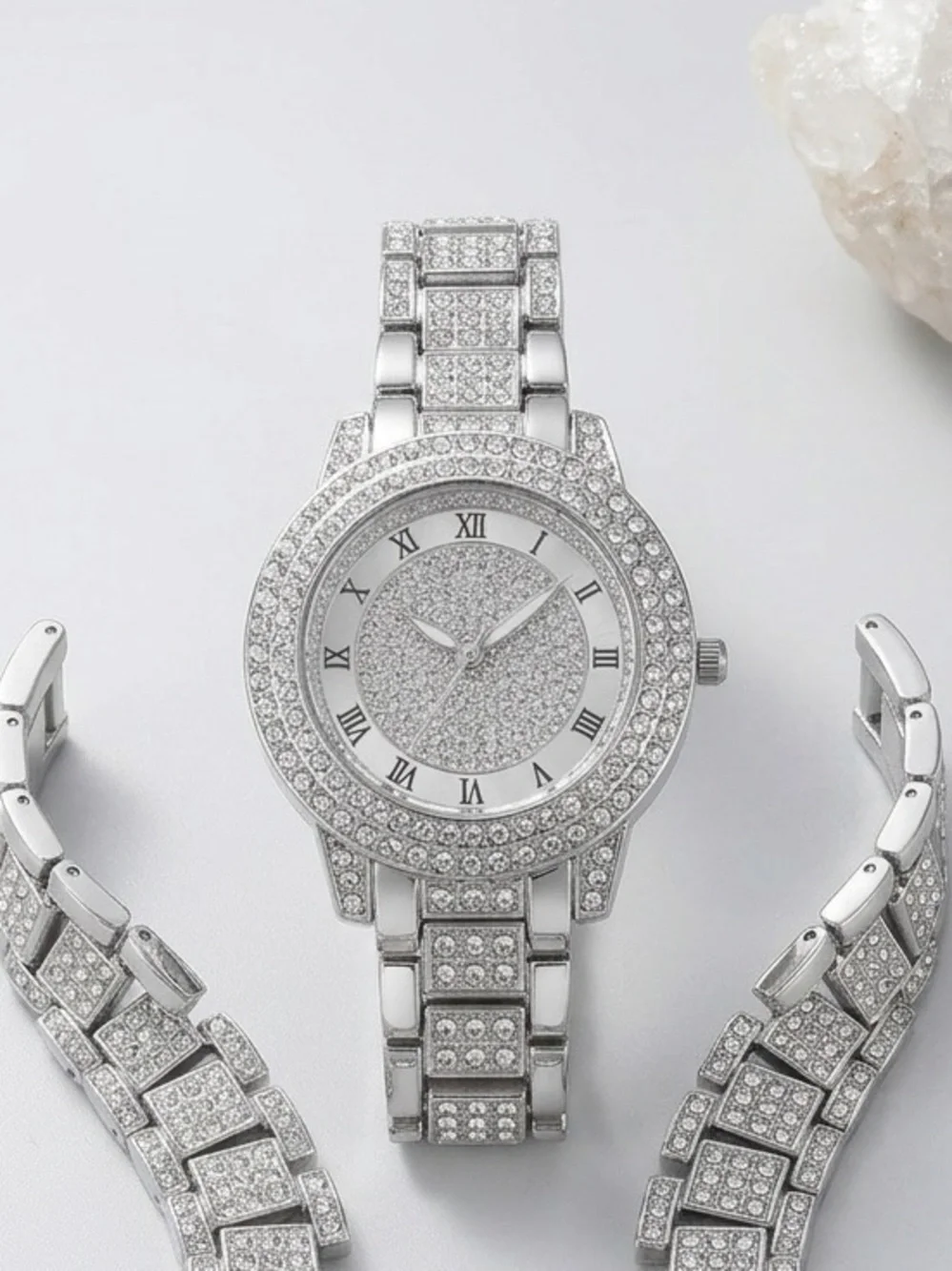Silver Crystal Pavé  king Iced Out Watch and Bracelet Set - Women's Accessories